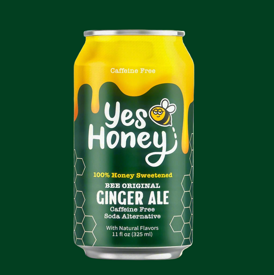 green can with yellow honey dripping down the can to show a honey sweetened ginger ale  with no corn syrup